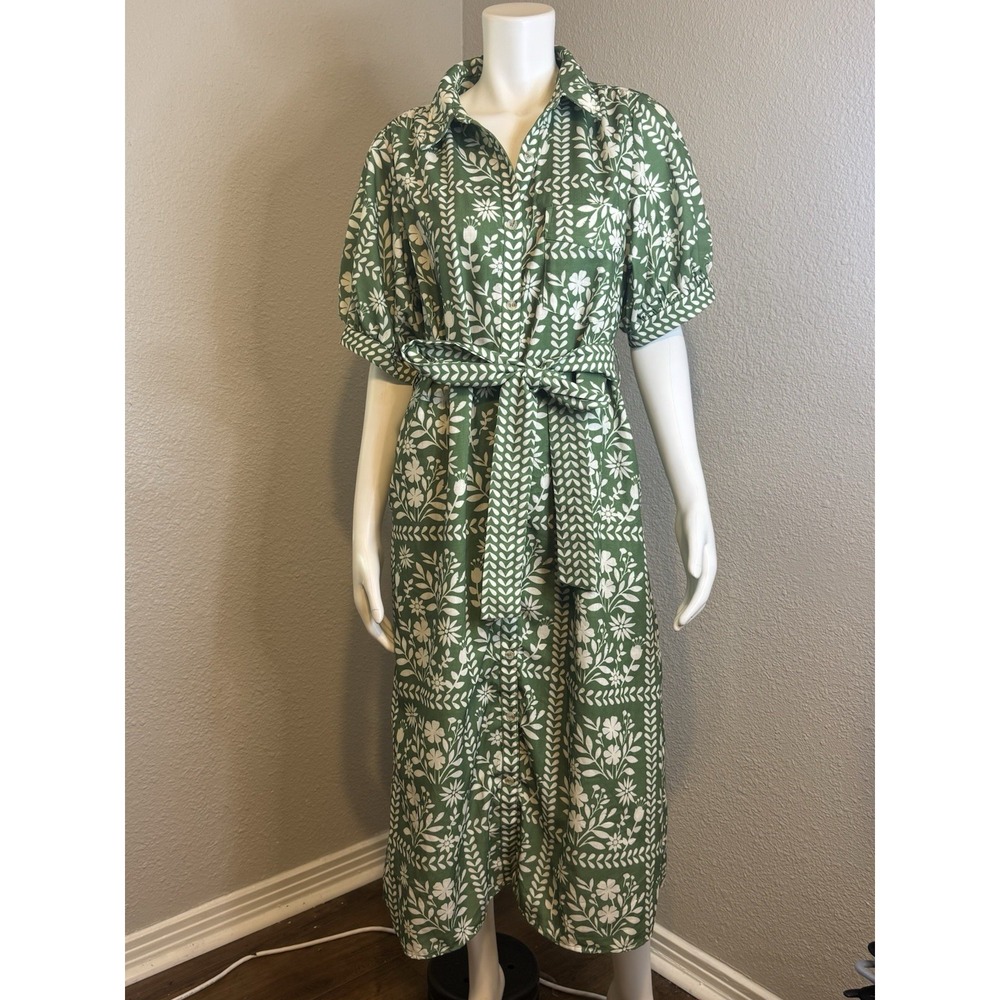 Green Floral Midi Shirt Dress with Self-Tie Waist